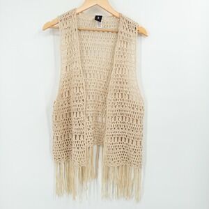 Vintage Boho Crochet Fringe Vest Womens 1X Beige Cream Layering Festival Hippie